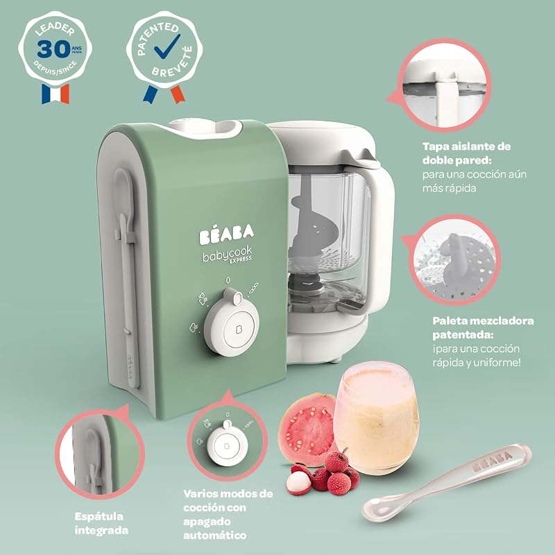 BEABA, Babycook Express, Robot Bebé 4 en 1 Batidora de cocina, cocción Express 15 min, mezcla a medida, cocción al vapor suave y saludable, descongelación, textura homogénea, capacidad 1250 ml, Verde