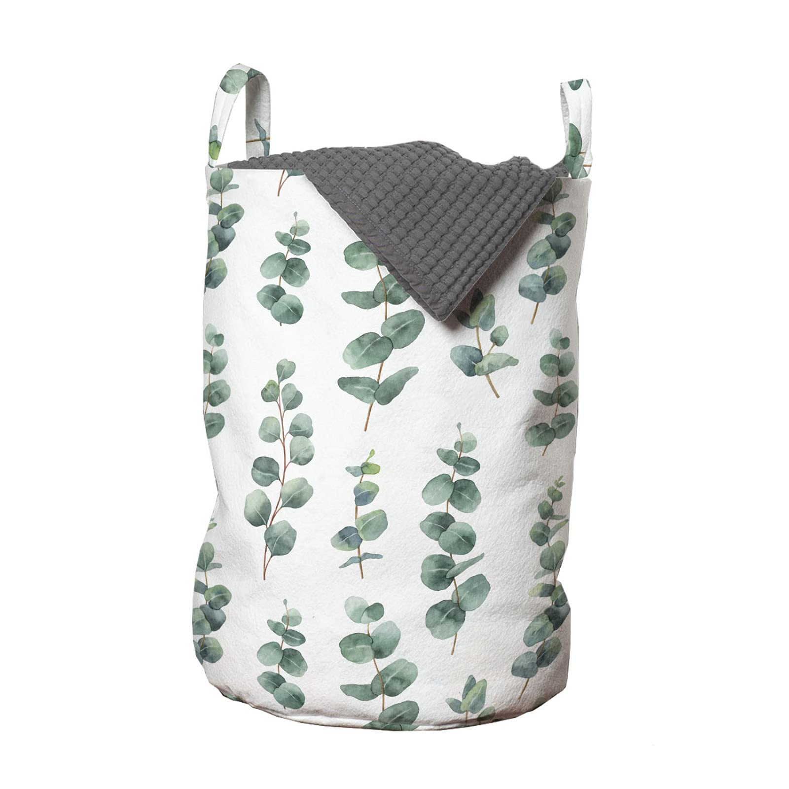 ABAKUHAUS Eucalyptus Laundry Bag, Watercolor Like Leaves, Hamper Basket with Handles Drawstring Closure for Laundromats, Laurel Green White