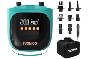 Tuomico 20PSI Paddle Board Pump Sup Air Pump Electric Portable Inflator & Deflator, Auto-Off, Mini Compressor for Inflatable Stand-up Paddleboard Kayak Wing Kite with 12V DC Car Plug-in Adapter