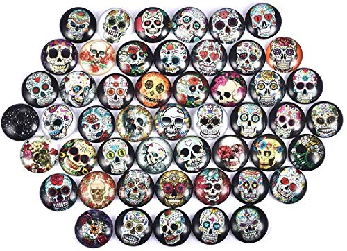 LANBEIDE 50PCS Mixed Color Mosaic Skull Printed Glass Half Round/Flat Back Dome Cabochons for Jewelry Making (25mm-50 Pieces)