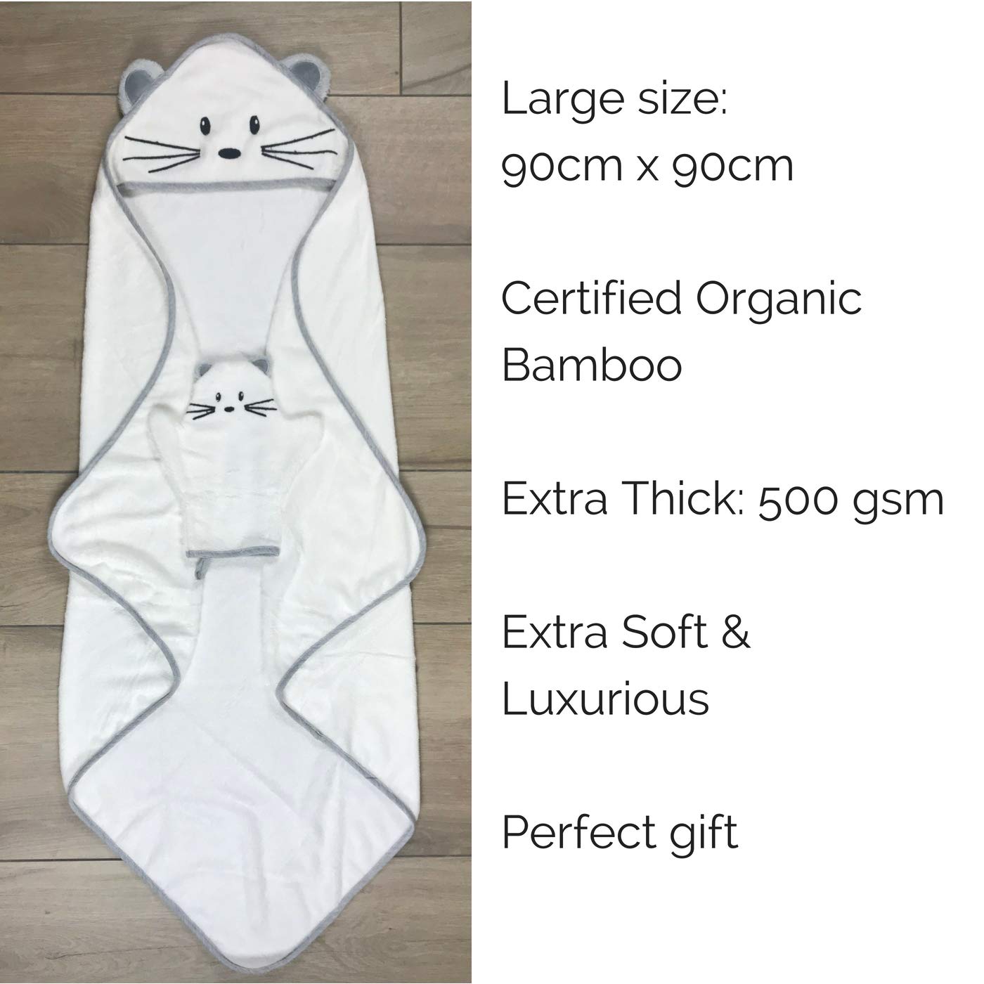 Baby Hooded Towel Gift Set | Organic Bamboo Extra Large 90cm x 90cm Mouse and Matching Mitten | Ultra Soft and Thick (500gsm) | Certified Organic - Best for Newborn Sensitive Skin, Eczema |For Newborn to Toddlers to Kids of 5 Years | Perfec