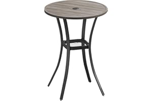 VICLLAX 28" Round Outdoor Bar Table with Adjustable Umbrella Hole, Counter Height Outdoor Furniture for Balcony, Grey Wood-Like