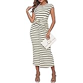 Milumia Women's Striped Cap Sleeve Knitted Dress Metal Decor Ruched Bodycon Long Dresses