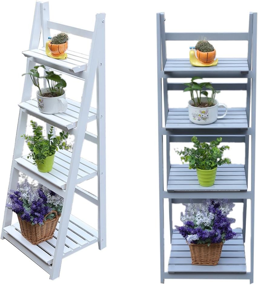 4 Tier Wooden Garden Home Flower Balcony Shelf Ladder Display Free Standing Folding Flower Dish Rack plant Stand (White)