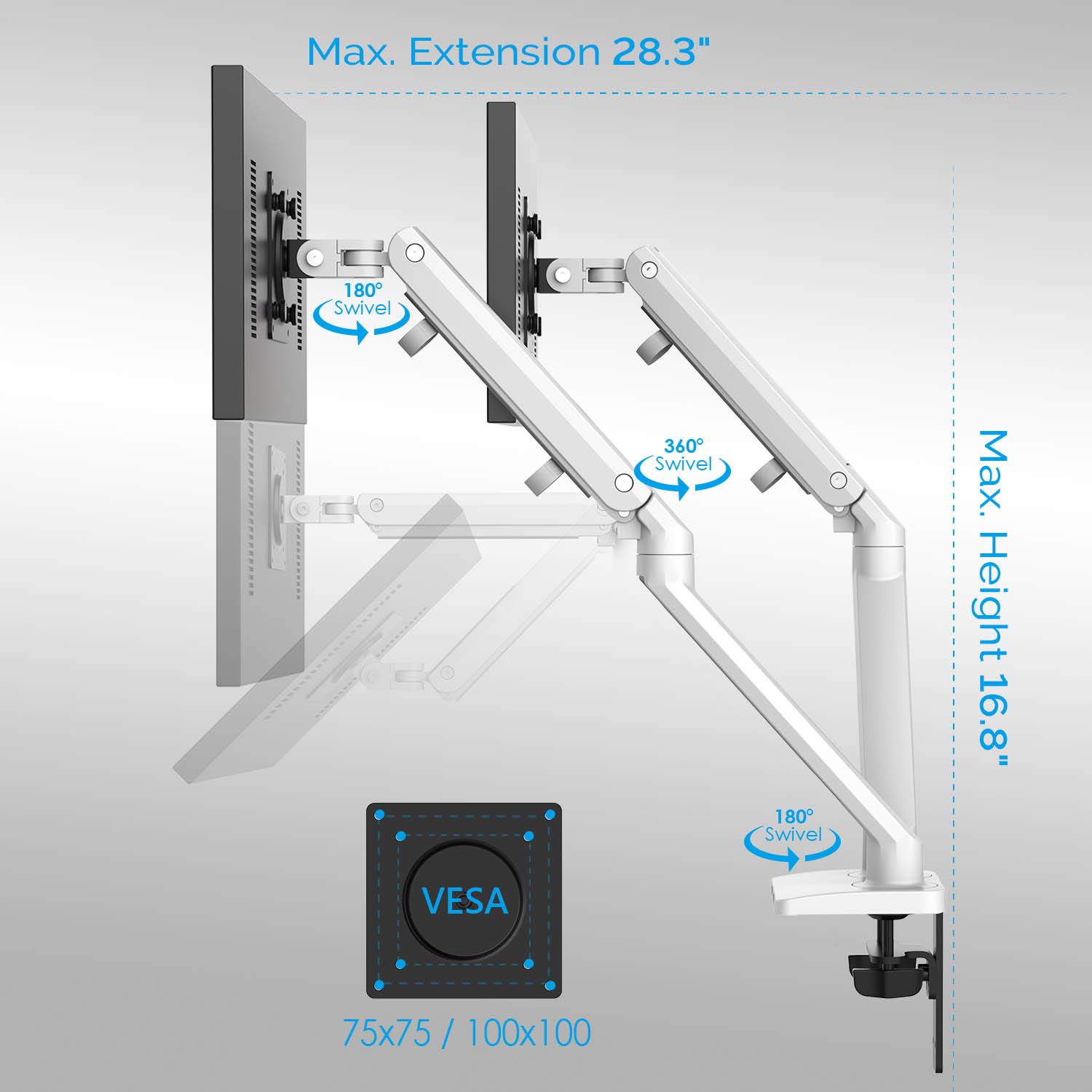 Bemorergo Dual LED LCD Monitor Desk Mount Stand- Aluminum Gas Spring Arm Height Adjustable VESA Bracket 2 in 1 Heavy Duty Fully, fits 2 /Two Screens up to 17 to 32 inches