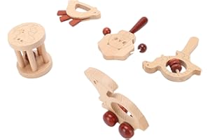 Jiawu Baby Wooden Teething Toy Set, Handcrafted MultiFunction Rattle, Infant Toy for ParentChild Interaction [5 Pieces]