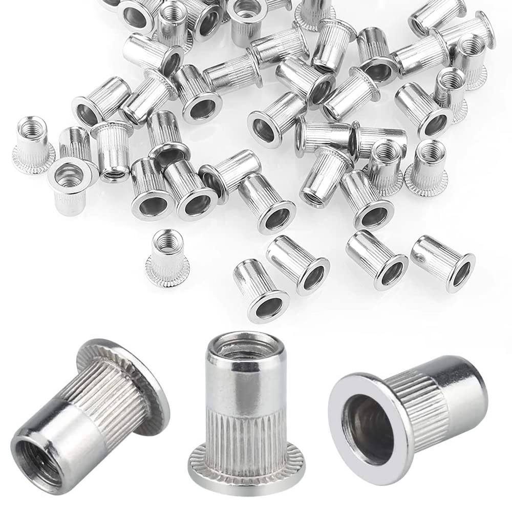 CODIRATO 80 PCS M6 Threaded Inserts Nuts Insert Embedded Nuts Stainless Steel Rivet Nut Flat Head Threaded Insert Rivet Nutsert Cap for Industries Furniture Decorations (Silver)