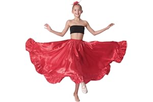 SANCAN Long Mexican Folklorico Dance Practice Performance Skirt for Girls (Height 4'6" to 5'1"), Ankle-Length Ruffle Style
