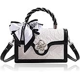Bi&Yamigeo Mini Colorblock Top Handle Bag,Vintage PU Leather Floral Textured Pattern Crossbody Clutch Handbag,Small Color Block Flap Satchel Purse for Women (Black and White)