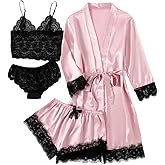 LYANER Women's 4pcs Sleepwear Satin Floral Lace Trim Cami Pajama Set with Robe