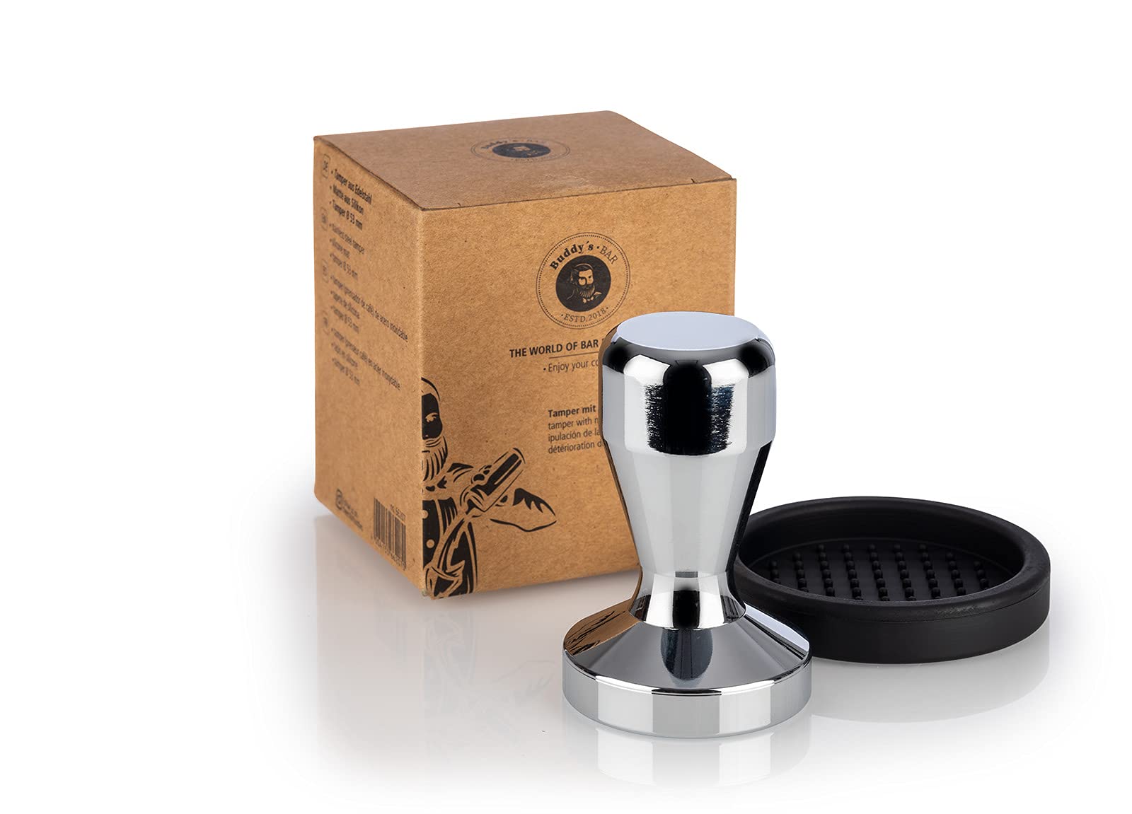 Buddy´s Bar - Barista Edition, premium tamper, diameter 53 mm base, height: 10 cm, stainless steel, espresso stamp for 53 mm portafilter, coffee tamper with silicone mat