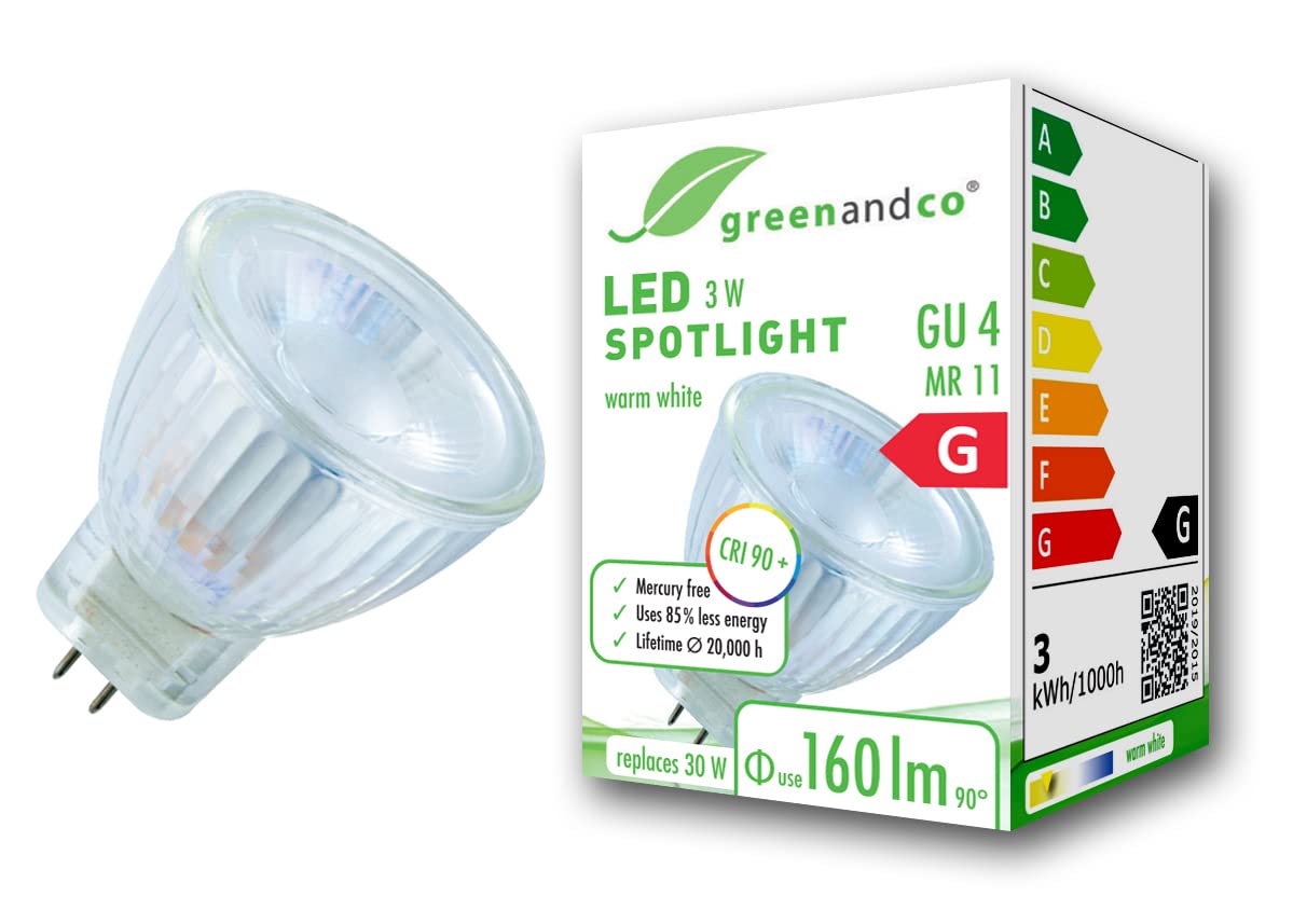greenandco® CRI 90+ LED spot Replaces 20 Watt GU4 MR11 Halogen Spotlight, 3W 160 Lumen 3000K Warm White 38° 12V AC/DC, no Flicker, not dimmable