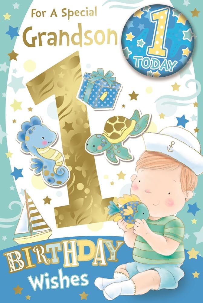 Grandson 1st Birthday Card & Badge - Age 1 Today Boy Sea Creatures Gold Foil 9x6