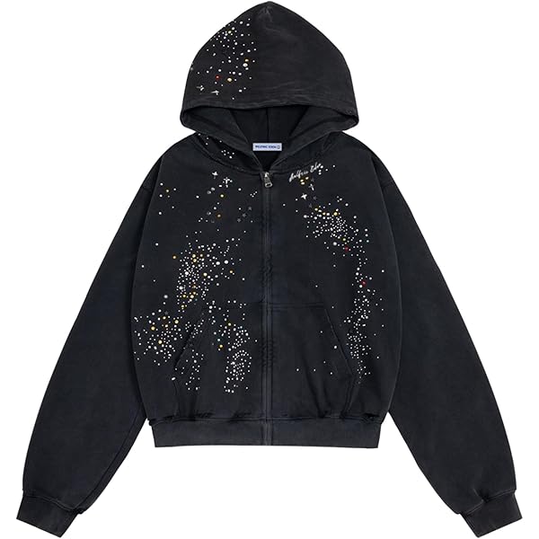 【BLACK】Rhinestone zip hoodie【WOMENS】 CEINOM Rhinestones Red Spider Y2k Hoodie Men Women Full Zip Up