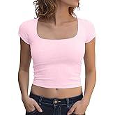 BAIGRAM Women Square Neck Double Lined Crop Tshirt Short Sleeve Slim Fit Micro Baby Tee Y2K Preppy Going Out Tops Teen Girls