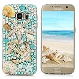 S7 Case,Samsung Galaxy S7 Case (Non-Edge) - Mavis's Diary 3D Handmade Blue Ocean Series Full Diamonds Bling Crystal Golden Anchor Starfish Cute Shells Design [Full Edge Protection] Clear Hard PC Cover