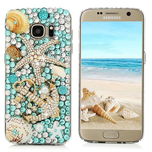 S7 Case, Samsung Galaxy S7 Case - Mavis's Diary 3D Handmade Blue Ocean Series Full Diamonds Bling Crystal Golden Anchor Starfish Cute Shells Design [Full Edge Protection] Clear Hard PC Cover