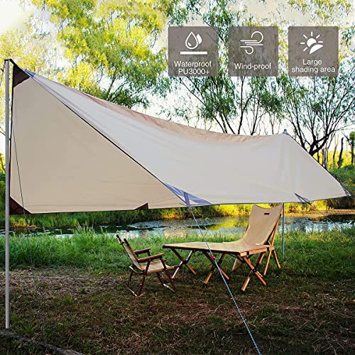 Overpassing Camping Tent Tarp Sun Shelter Canopy Beach Sunshade with Poles, 4-6 Person PU 3000mm Lightweight Awning Canopy Sun Shelter For Outdoor Camping Fishing Backyard Picnics Pool (3 * 4 meter)