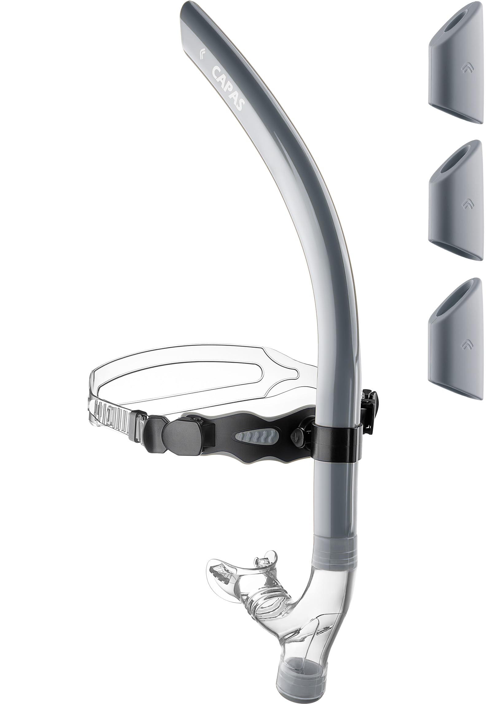 CAPAS Training Swim Snorkel for Lap Swimming, Ultimate Fit Center-Mount Swimmers Snorkel with Liquid Silicone Mouthpiece Adjustable Strap Swivel Headband, Designed for Adult Men Women (Grey Black)