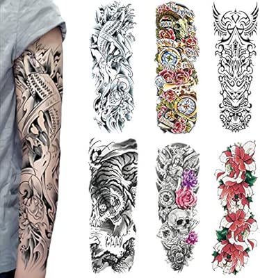 Tatouages Temporaires Grands Faux Tattoos Bras Complet Pour Hommes Et Femmes Tigre Rose Body Art Adultes Autocollants Imperméables 6 Pièces2