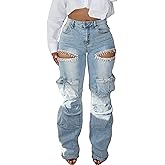DINGANG Women's High Waisted Cargo Jeans Rhinestones Bling Stretchy Baggy Denim Pants with Flap Pockets