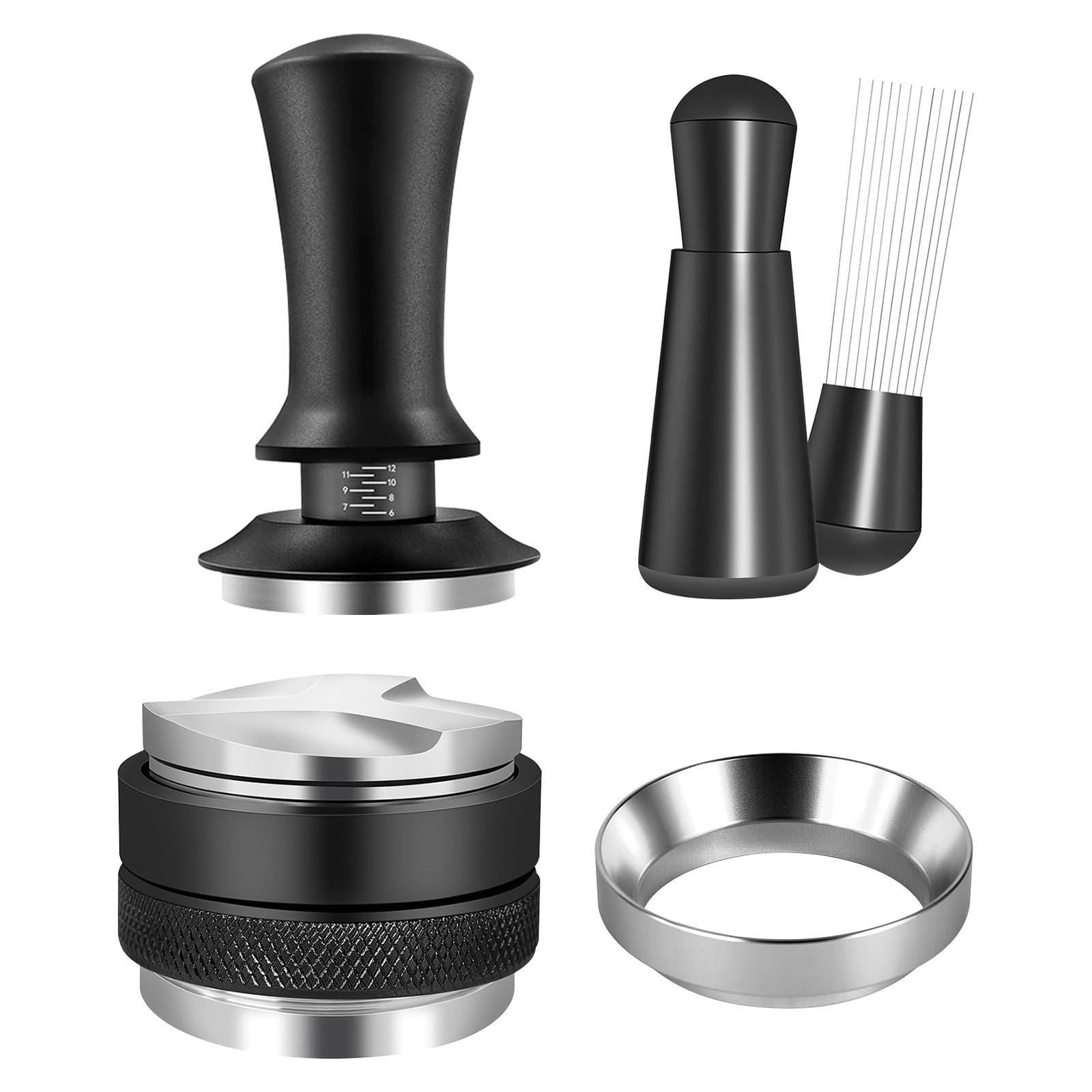 Photo 1 of Premium 51mm Espresso Distribution Tool Set,Professional Barista Kit with Calibrated Tamper, Dosing Funnel, Spring Loaded Design,Black and Silver
