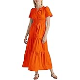 YEXPINE Women's Tiered Cotton Short Sleeve Maxi Dress Swing A Line Loose Flowy Long Dress