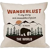 HGOD DESIGNS Wanderlus Pillow Covers,Decorative Throw Pillow Adventure Quotes Travel The World with Mountain Explorer and Bear Pillow Cases Cotton Linen Cushion Covers for Home Sofa Couch 18x18