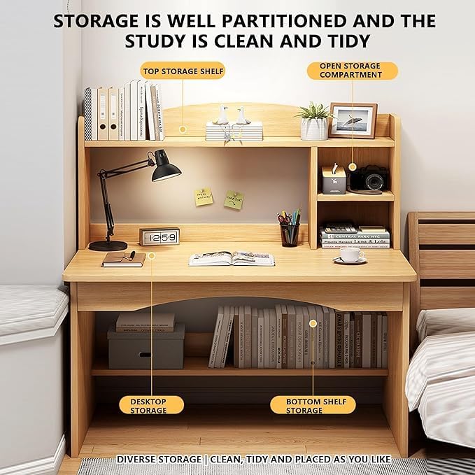 GGEROU Writing Study Table with Hutch Shelf and File Drawer,Large Computer Desk For Home Office,Standing Desk With Shelves Storag - Student Study Desk -Ideal for Gaming and Work (White)