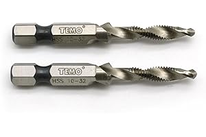 TEMO 2 pc 10-32 Combination Drill and Tap Multi Use Deburr Countersink Hex Bit