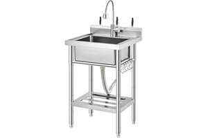 Garvee Utility Sink, Freestanding Stainless Steel Single Bowl Basin with Pull-Out Faucet, 3-Tier Storage Shelf & Adjustable L