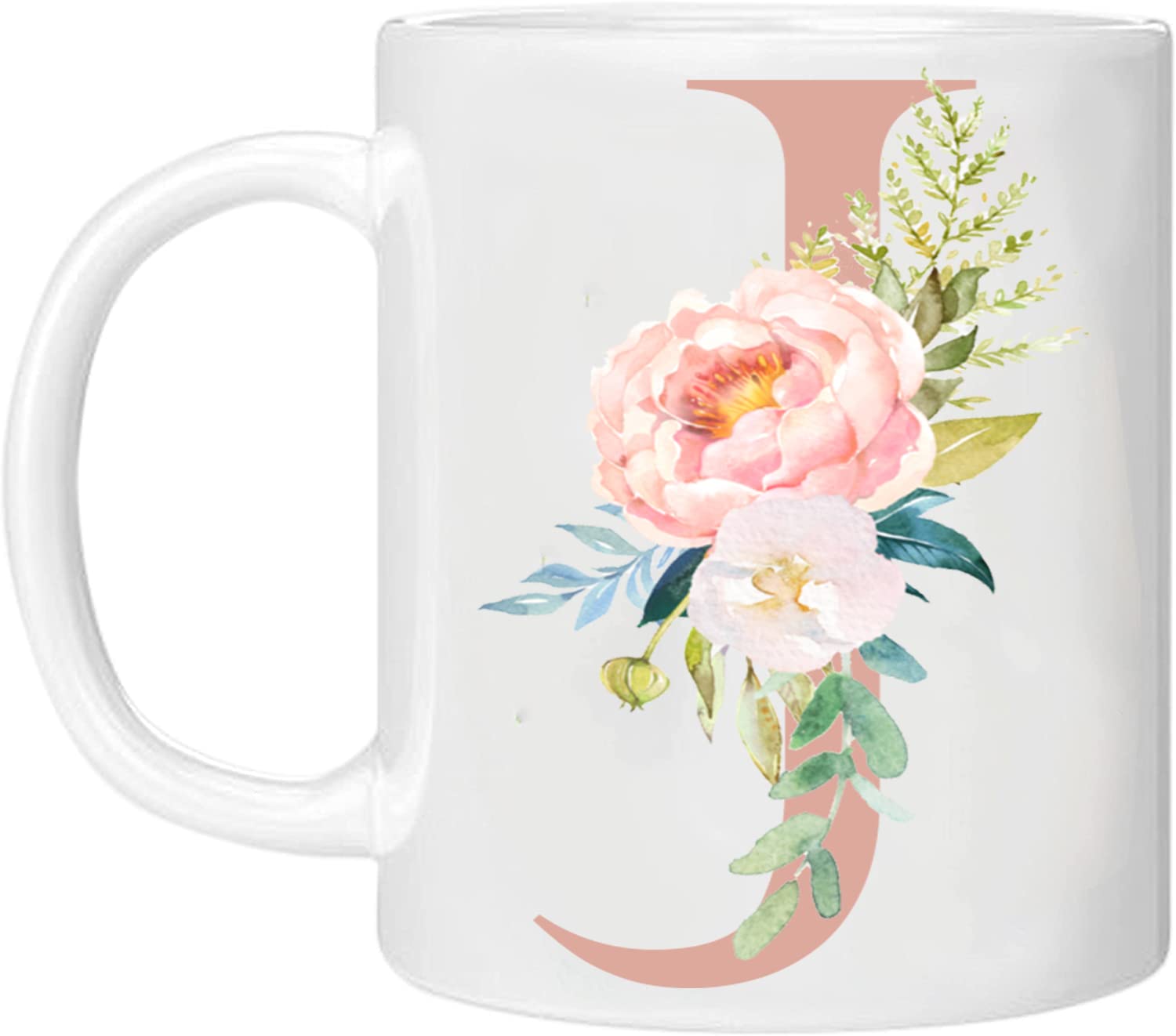 MOBILE STUFF Personalised Floral Mug Letter J - Any Alphabet 11oz Ceramic Coffee/Tea Cup Gift for Christmas, Birthday, Secret Santa, Mother’s Day Printed Glitter, NOT Real Glitter (Rose J)