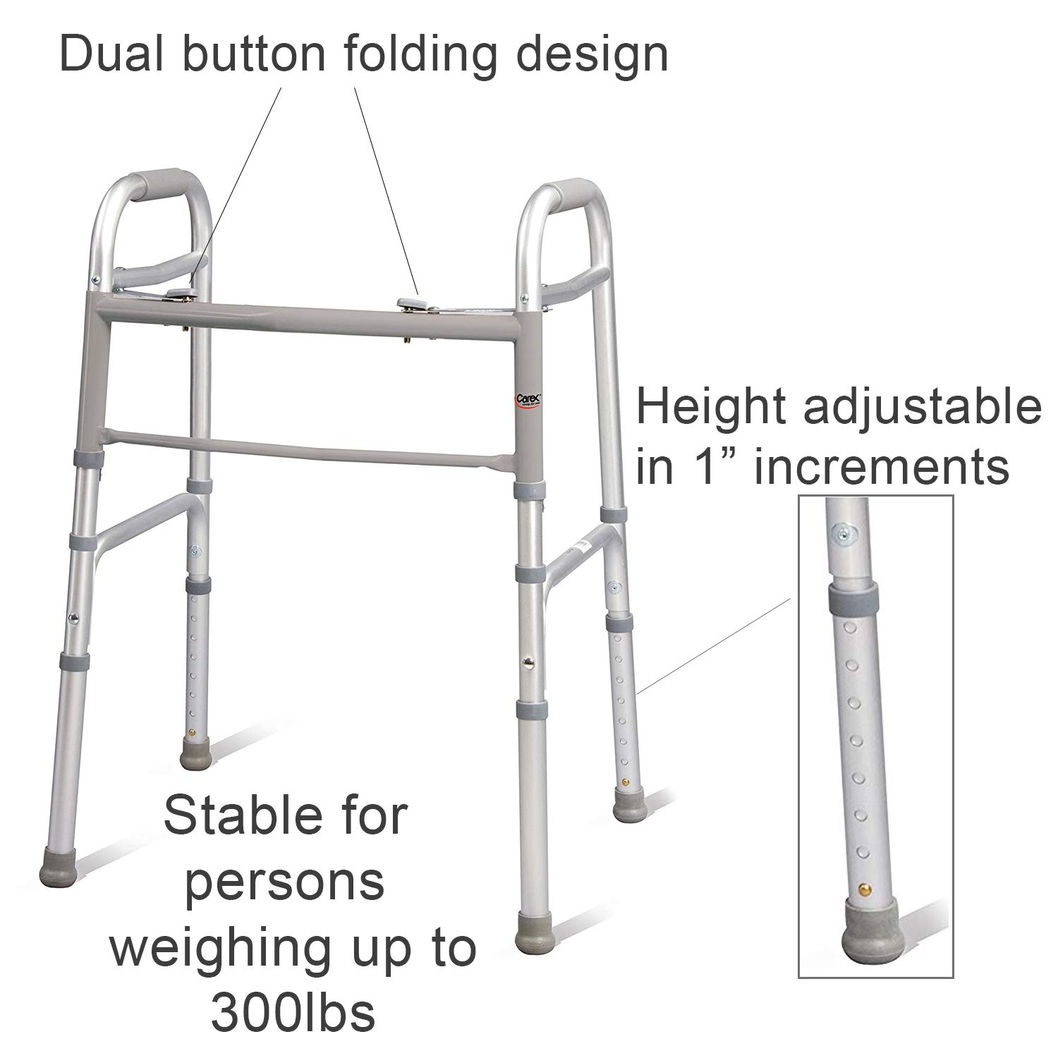 Carex Lightweight Folding Walker for Seniors, Portable Medical Walker with Adjustable Height, 30-37 Inches, Mobility Aid for Adults, Elderly, and Handicapped, Foldable, Stainless Steel Frame