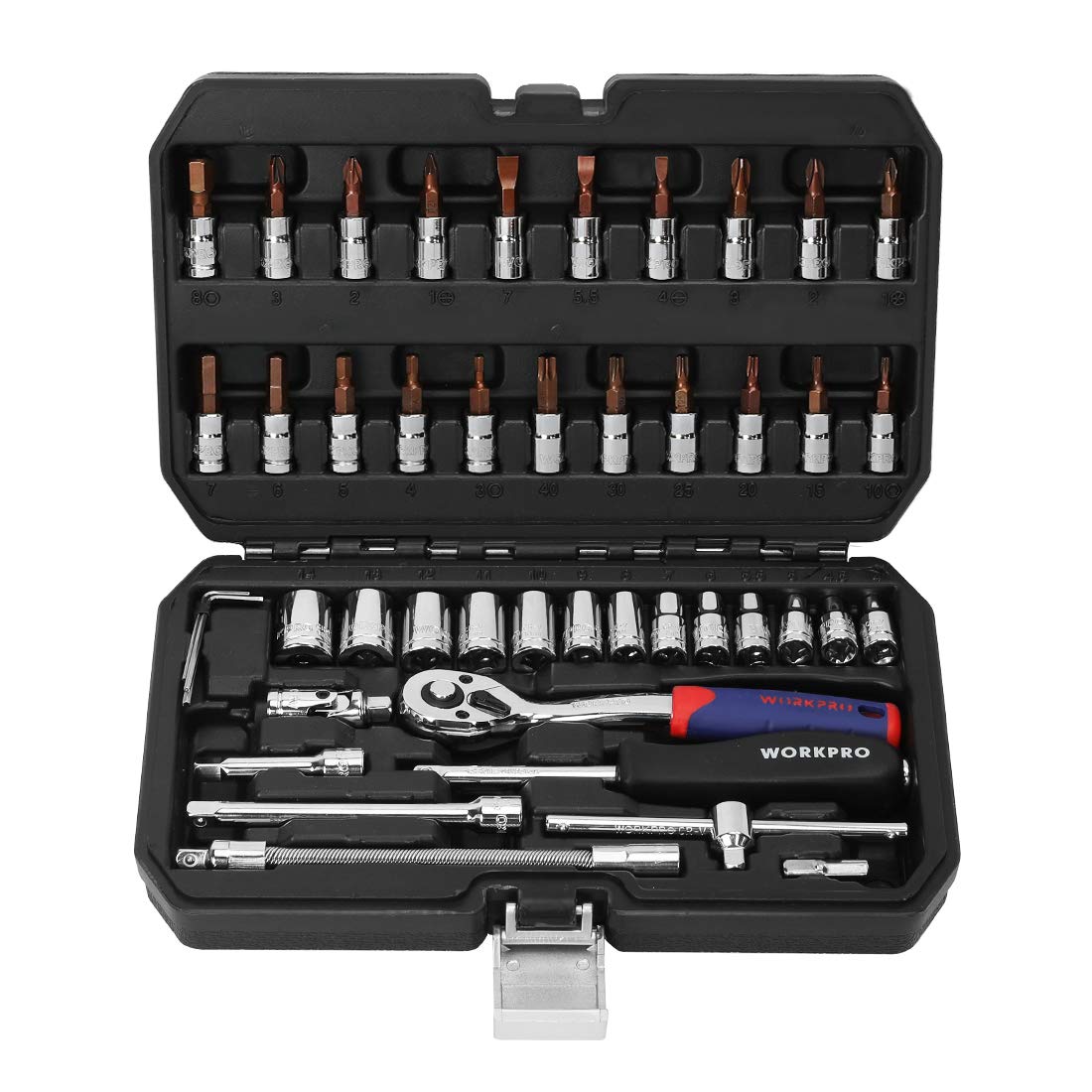 WORKPRO ソケットレンチセット ラチェットレンチ オフセットタイプ 差込角6.35mm（1/4インチ) 46点組 自動車修理 車メンテナンス ガレージツールセット 作業セット 工具 道具 専用収納ケース付属商品画像
