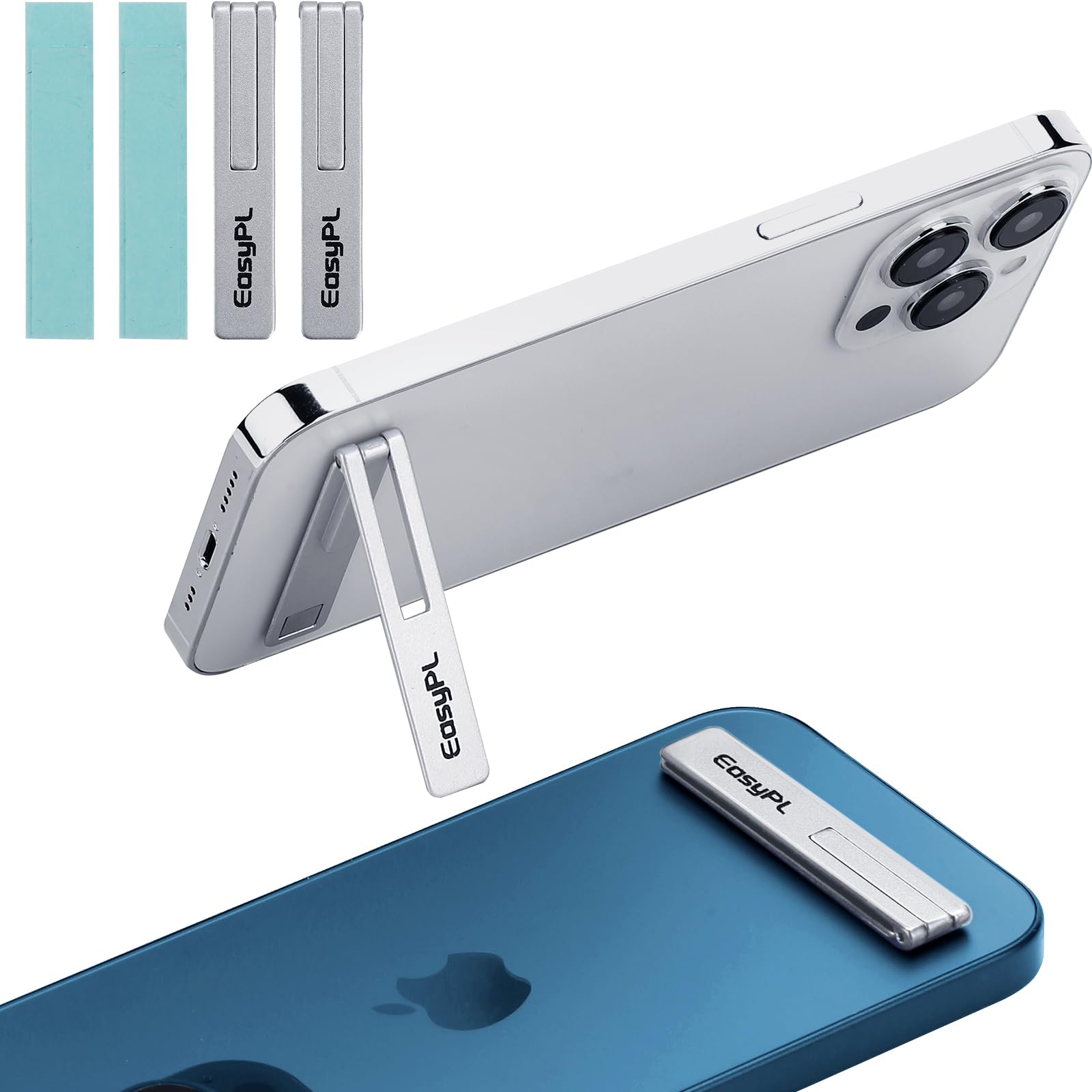 Photo 1 of 2 Pack Cell Phone Kickstand for iPhone, Silver + Silver, Metal Phone Stand for Desk, Adjustable Angle, Phone Holder for iPhone 16/Plus/Pro/Pro Max, 15/14/13/12, Samsung Series