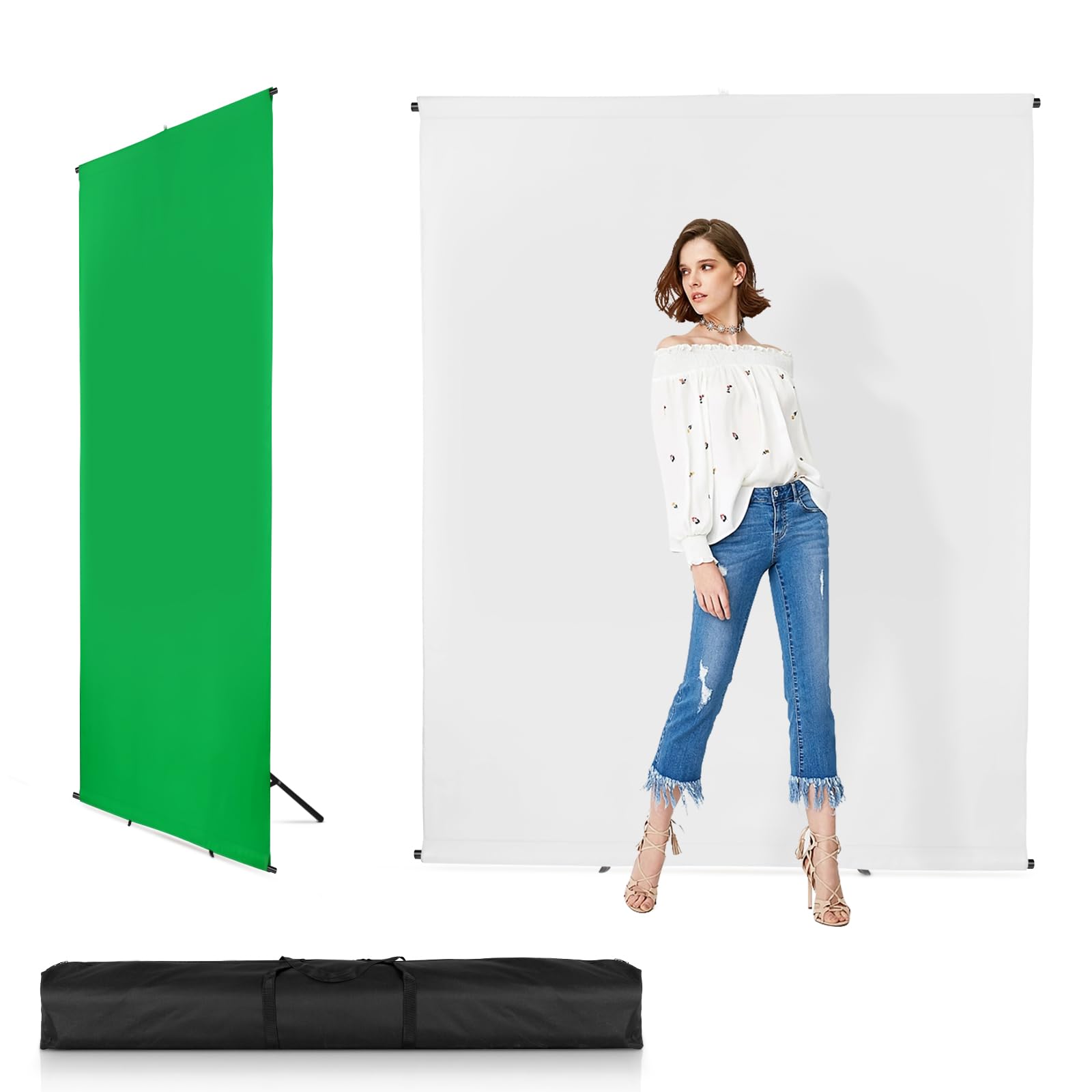 Versatile Backdrop Stand, 5x6.5ft Wrinkle-Resistant Collapsible Background Chromakey White & Green Screen for Photo Studio Video Shooting, Portrait Headshot Photography (2x1.5m 5x6.5ft)
