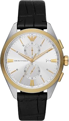 Orologio Uomo, movimento al quarzo, cassa in acciaio inossidabile nero 43 mm con cinturino in pelle, AR11498, Grigio Chiaro e Oro, 43 mm