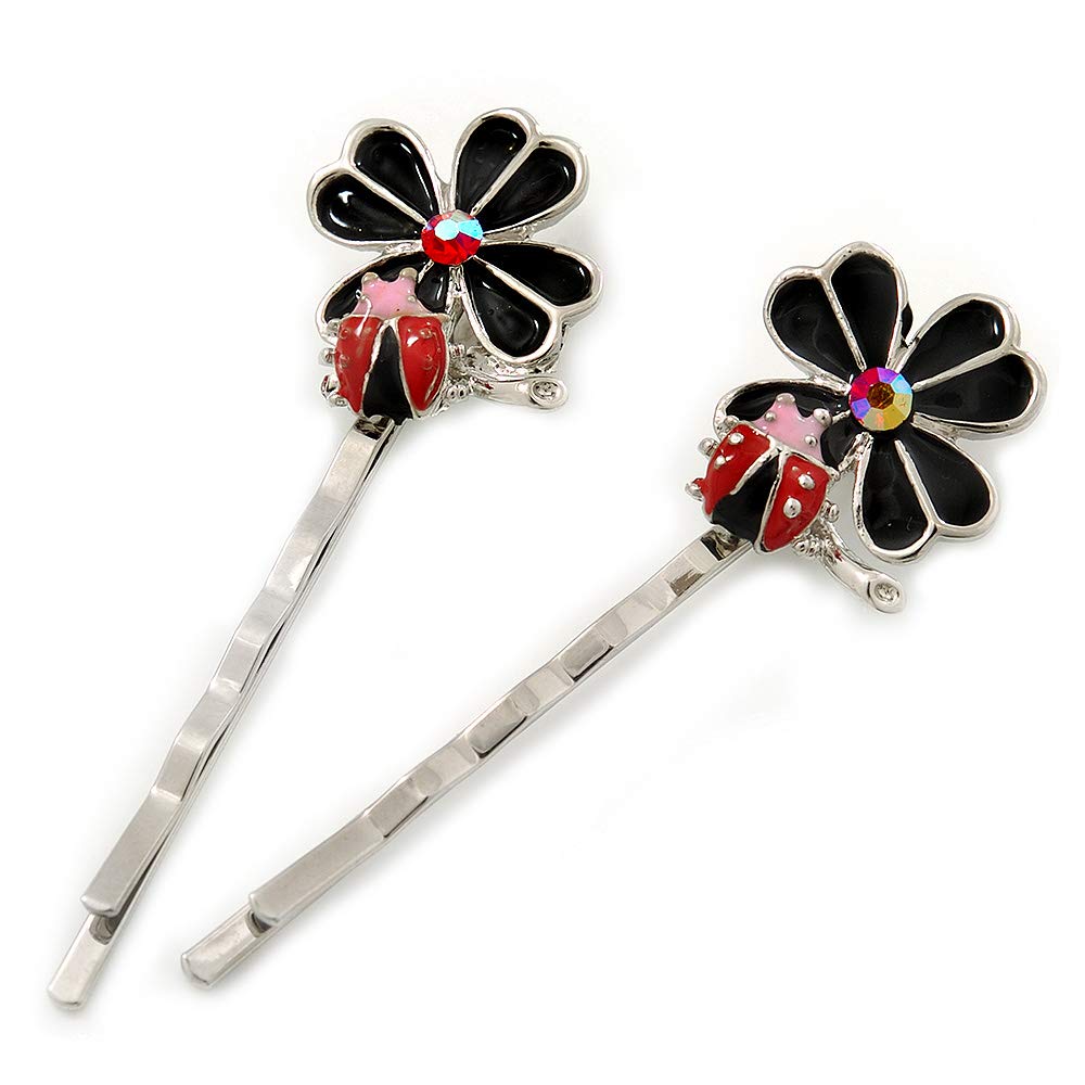 2 Teen Enamel Crystal 'Flower & Ladybug' Hair Grips/Slides In Rhodium Plating - 50mm Across