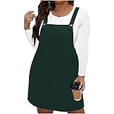 WDIRARA Women's Plus Size Corduroy Sleeveless Short Pinafore Overall Dress with Pocket