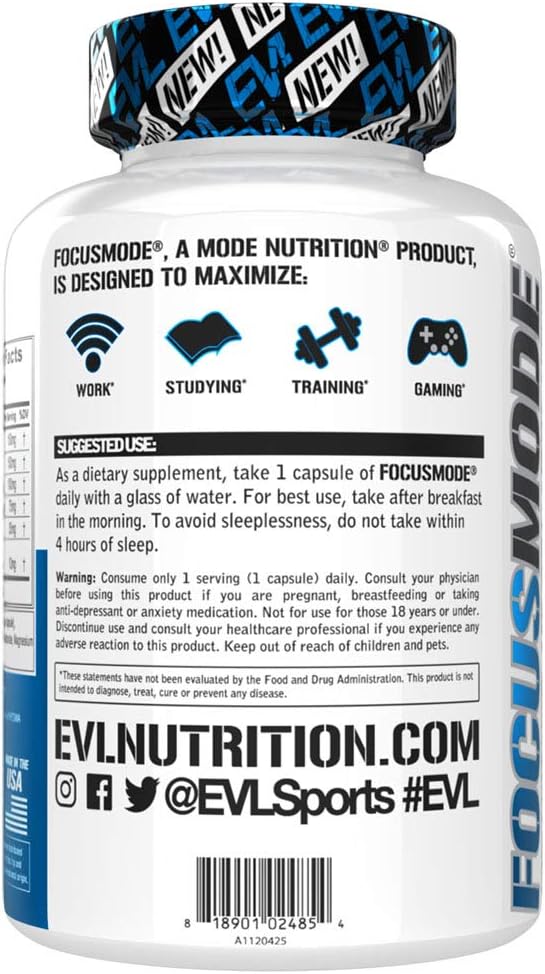 Evlution Nutrition Focus Mode, Herbal Brain Function and Cognitive Support Supplement, Focus, Energy, Clarity, Memory, Mind Enhancer and Mood Booster Nootropic (30 Servings): Health & Personal Care