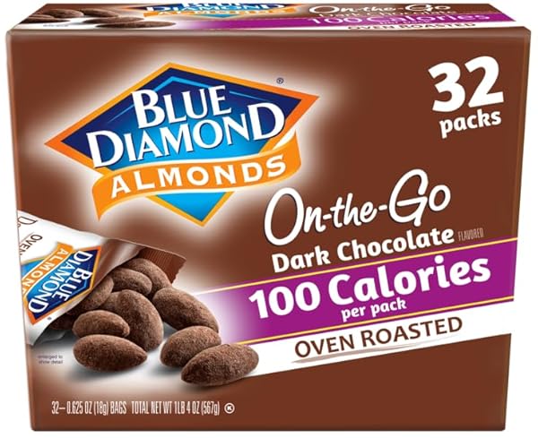 BLUE DIAMOND ALMONDS DARK CHOCOLATE COCOA DUSTED SNACK NUTS, 100 CALORIE PACKS, (PACK OF 1, 32 COUNT TOAL)