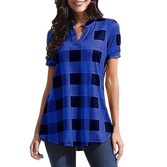 ReooLy Frauen Lässige Plaid Printed Kurzarm V-Ausschnitt Unregelmäßiger Rand Bluse T-Shirt Tops