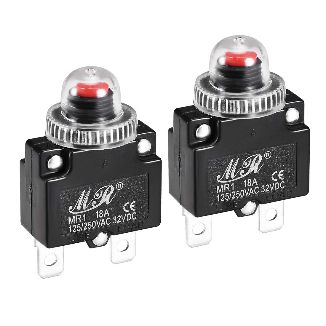 Sourcingmap Thermal Circuit Breakers 18A 125/250V AC 32V DC Push Button Reset Overload Protector Switch with Waterproof Cap 2 Pcs