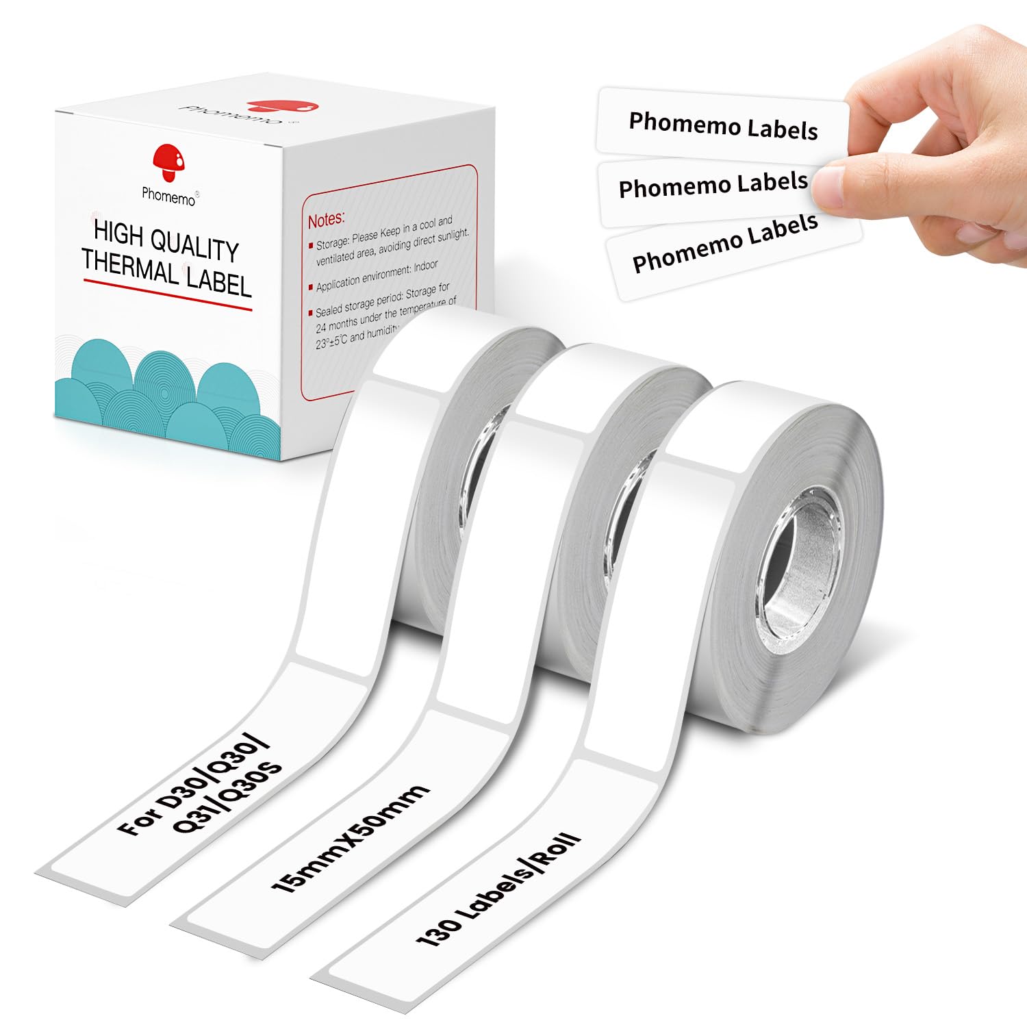 Phomemo D30 Labels, 1/2"*1 7/8"(15mm*50mm) self-Adhesive Thermal Phomemo D30 Label Tape, Compatible with D30 Label Maker, Suitable for Home, Office, School, 130 Labels/roll, 3 Roll，White