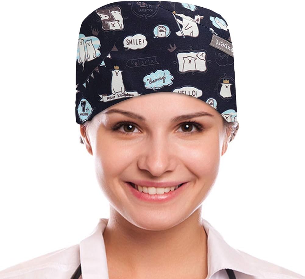 Cute Animal Patterns Surgical Scrub Cap Medical Doctor Bouffant Hat with Sweatband for Womens Mens