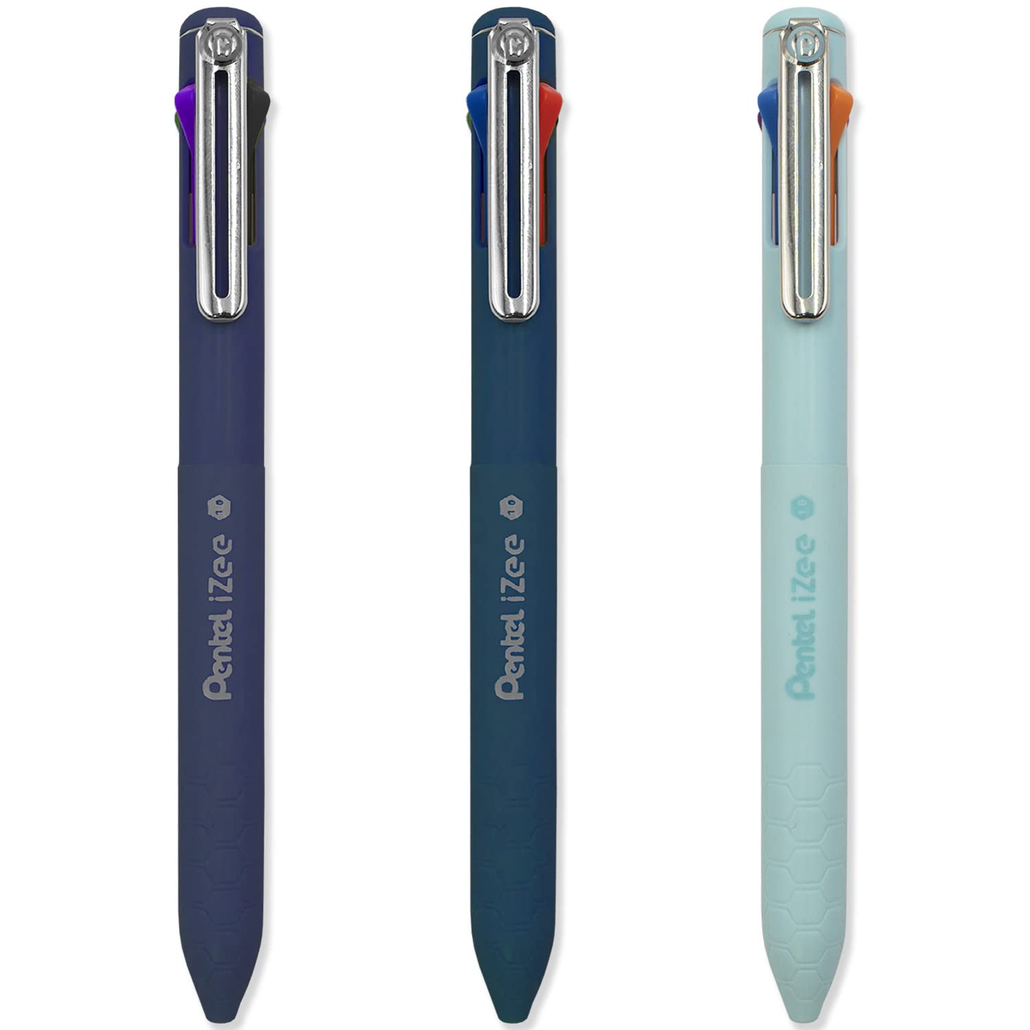 Pentel iZee 4 Colour Ballpoint Pen - Deep Blue, Deep Violet & Sky Blue Barrels - Multi Ink - Pack of 3