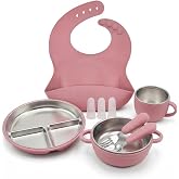 Stainless Steel Baby Feeding Set, Divided Plate and Bowl with Blue Silicone Suction Base, Non-Slip Toddler Dinnerware with Utensils (Rosy)