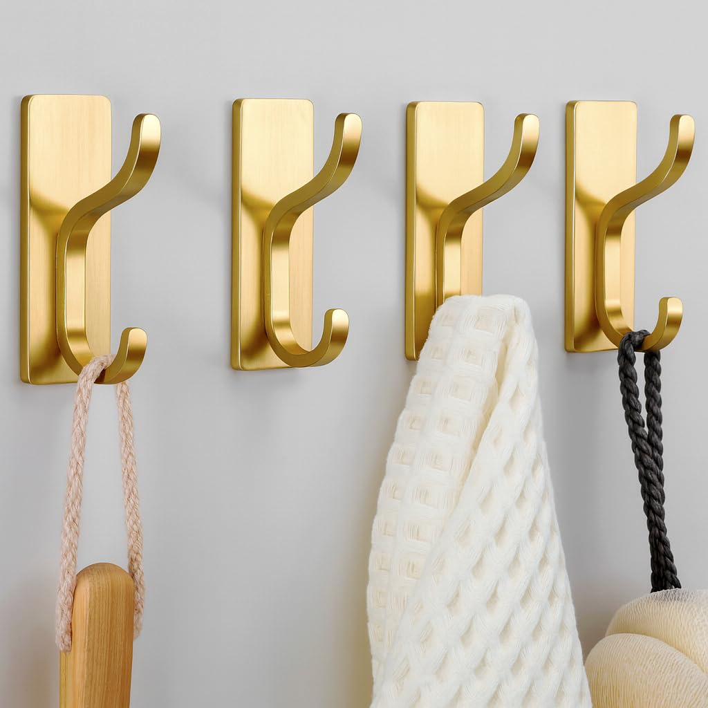 Photo 1 of Gold Adhesive Wall Hooks for Hanging - Heavy Duty 13 lb Sticky Towel Hook for Bathroom, Door, Closet, Dorm, RV, Kitchen, Hanger for Coats, Bags, Keys, Purse, Clothes - Stainless Steel, 4 Pack
