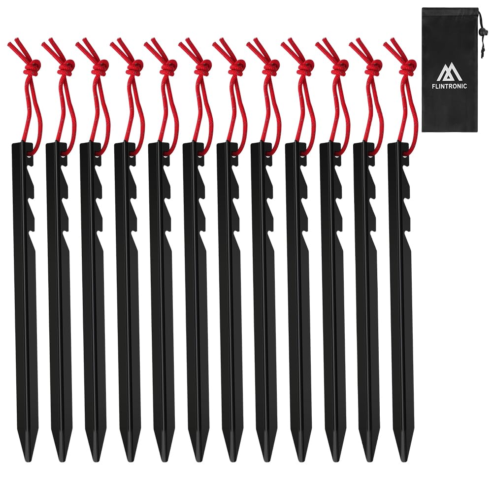 Flintronic 12PCS Alloy Tent Pegs, 18cm Heavy Duty Metal Tent Pegs with Reflective Rope Rust, Triangular Camping Pegs, Suitable for Outdoor Grassland Travelling Camping Hiking (Black)