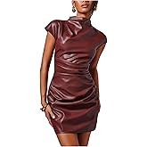 Milumia Women's Sexy PU Mock Neck Leather Dress Ruched Bodycon Club Party Short Dresses